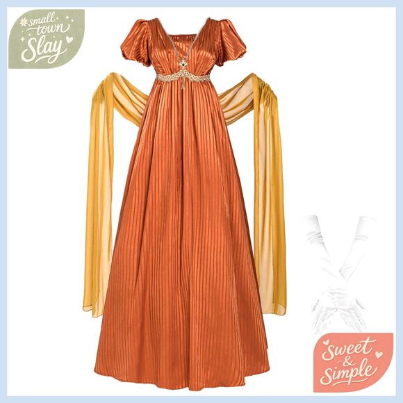 Victorian Empire Waist Ball Gown with Gloves Shawl Brooch Regency Dress